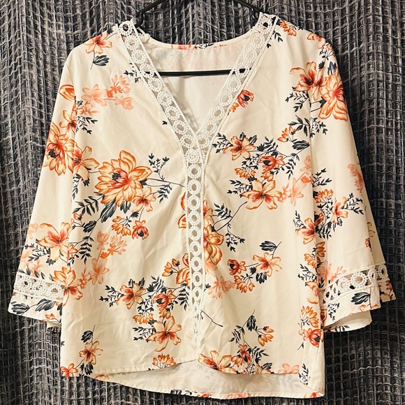 SHEIN Tops - SHEIN Cream and Orange Floral Lace Blouse